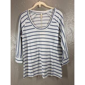 Lanston Shirt Top Blue Striped 3/4 Sleeve Scoop Neck Cotton Rayon Blend Small‎